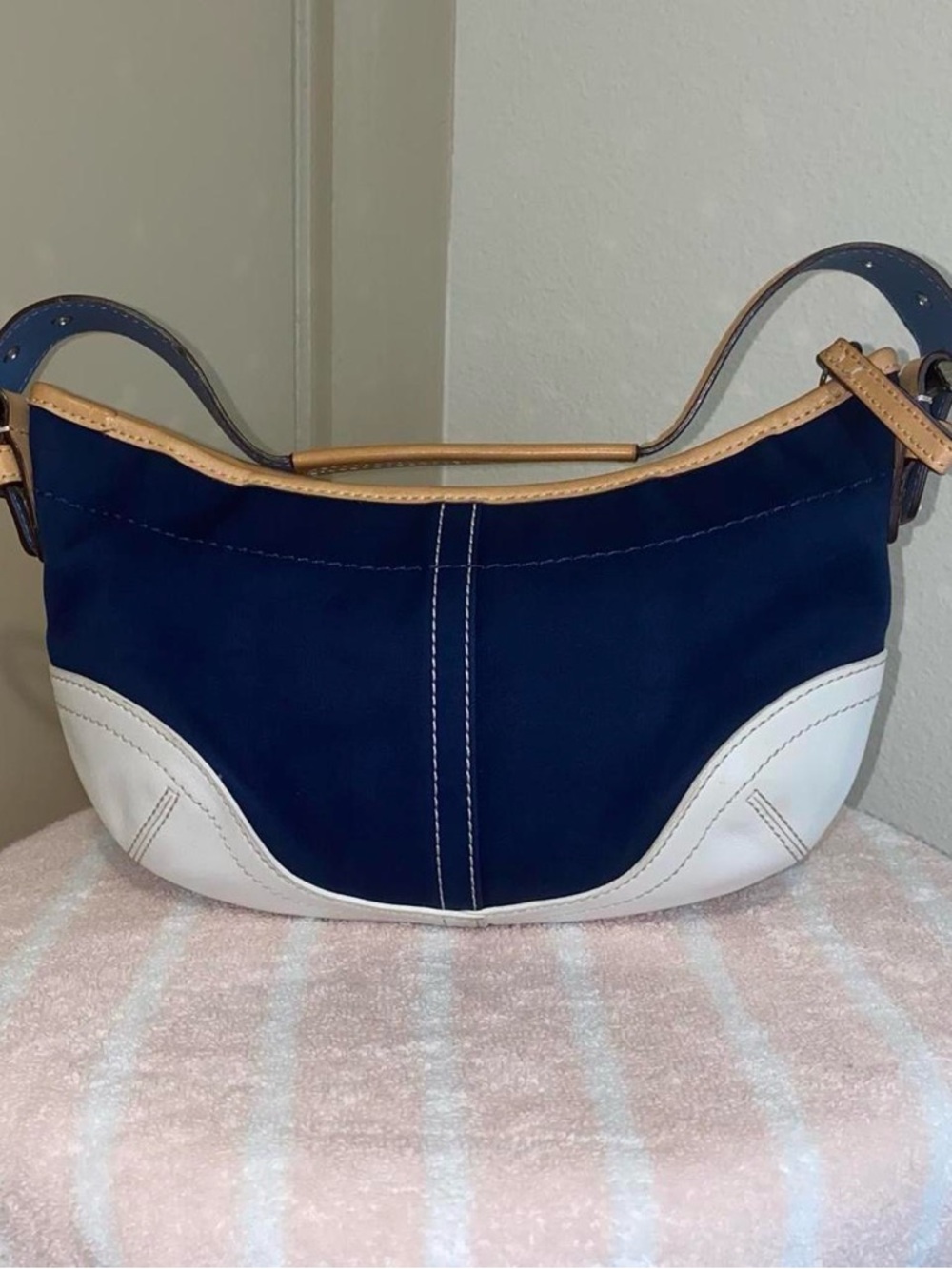 Coach Navy and White Hobo with Tan Trim hobo soho shoulder bag